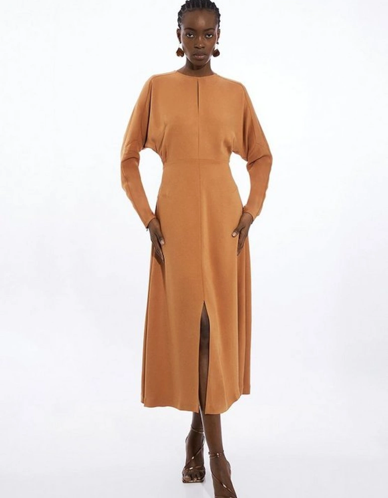 Premium Woven Viscose Crepe Long Sleeve Midi Dress