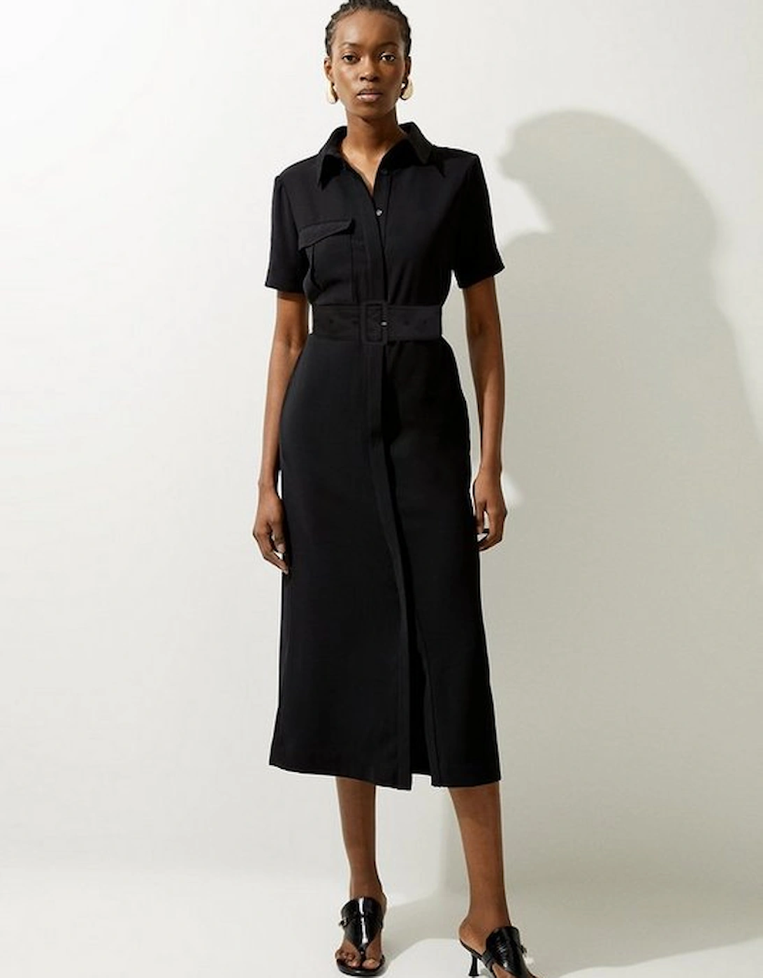Tailored Crepe Pocket Detail Short Sleeved Belted Midi Shirt Dress, 5 of 4
