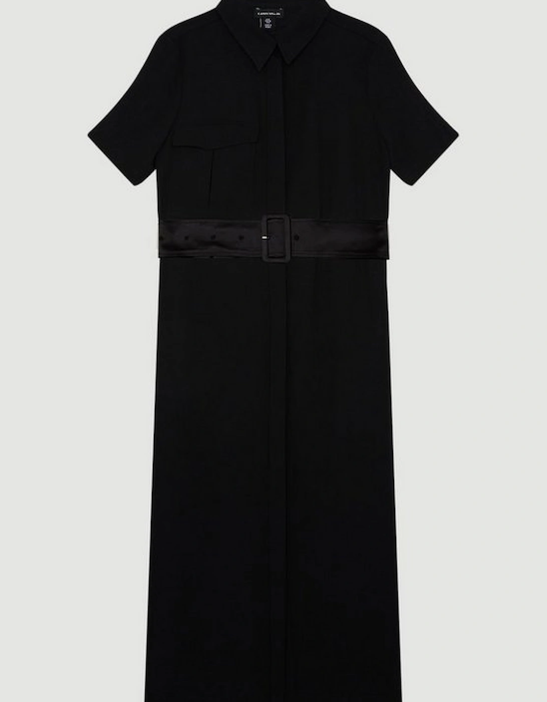 Tailored Crepe Pocket Detail Short Sleeved Belted Midi Shirt Dress