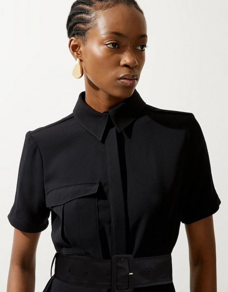 Tailored Crepe Pocket Detail Short Sleeved Belted Midi Shirt Dress