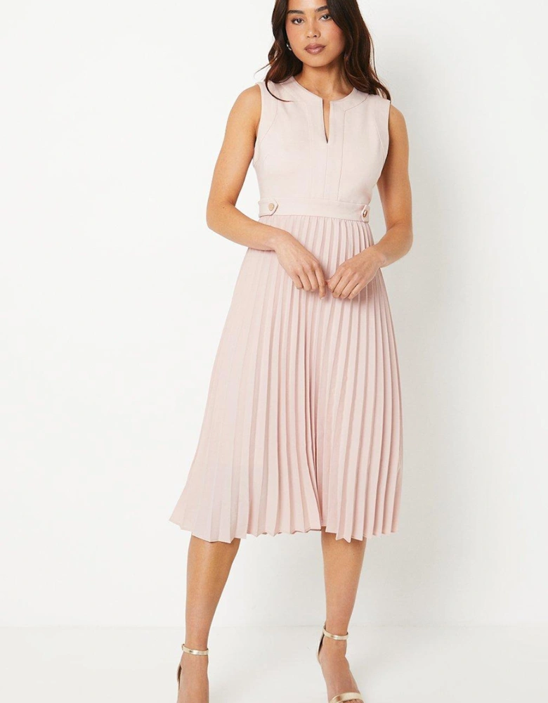 Petite Ponte Top Sleeveless Dress With Pleated Midi Skirt