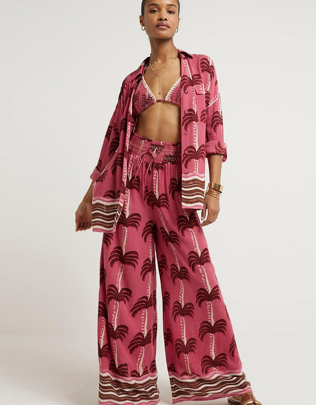 Palm Print Wide Leg Beach Trouser - Dark Pink, 6 of 5