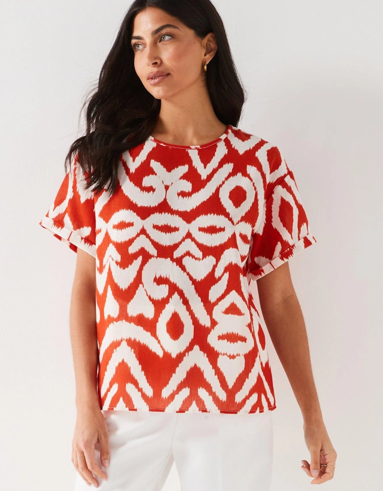 Crew Neck Printed Blouse - Red/White