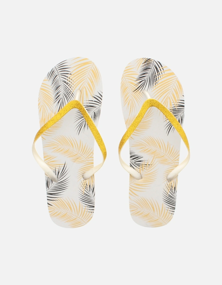 Ladies Sandals Palm Tree Leaf Flip Flop Sliders Beach Pool Gold UK Size
