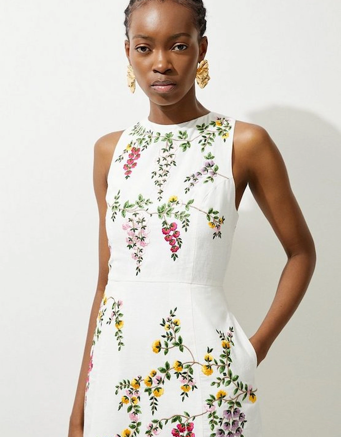 Floral Embroidered Cotton Linen Woven Mini Dress