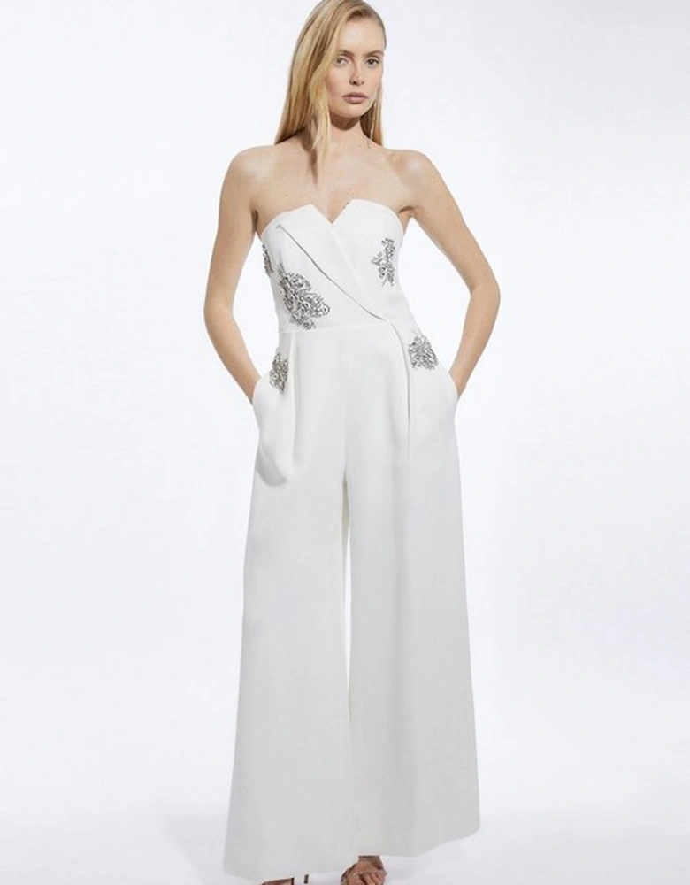 Crystal Embellished Bandeau Wrap Tailored Wide Leg Jumpsuit