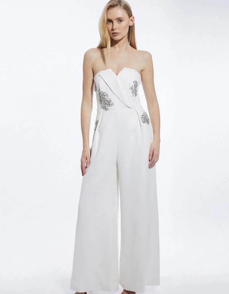 Petite Crystal Embellished Bandeau Tailored Wide Leg Jumpsuit