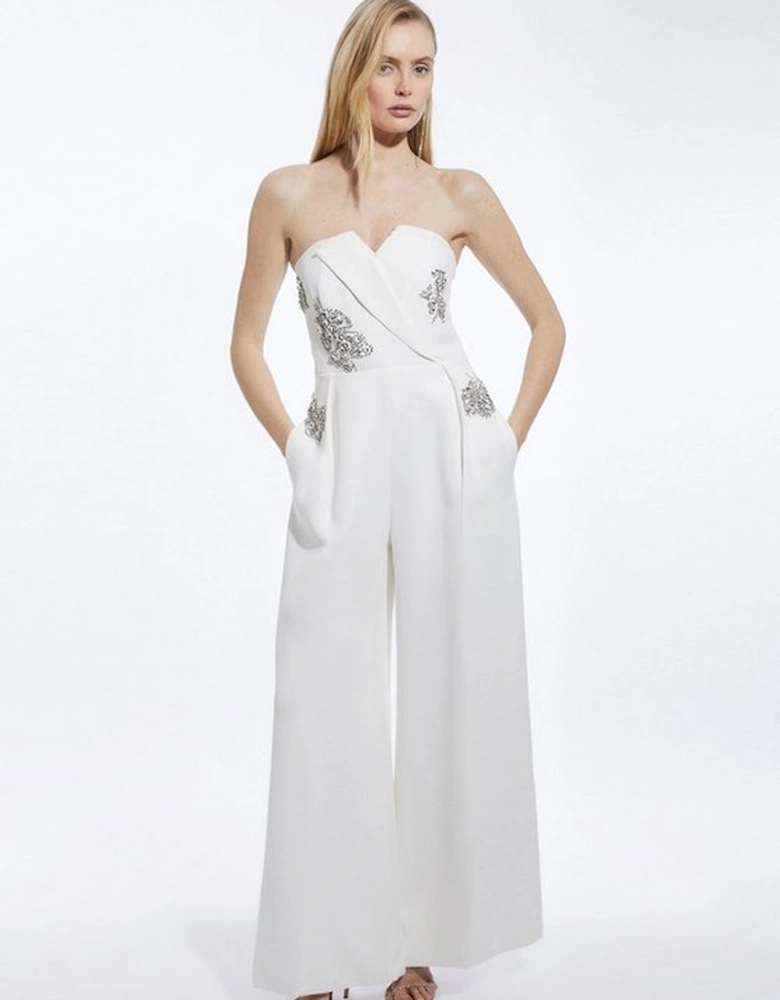 Petite Crystal Embellished Bandeau Tailored Wide Leg Jumpsuit