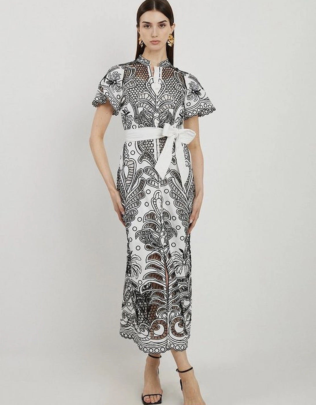 Cutwork Belted Woven Midi Dress, 4 of 3