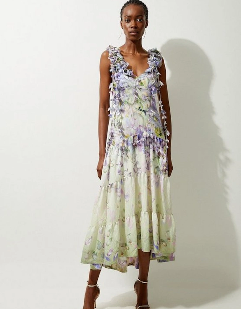 Floral Applique Woven Strappy Woven Maxi Dress