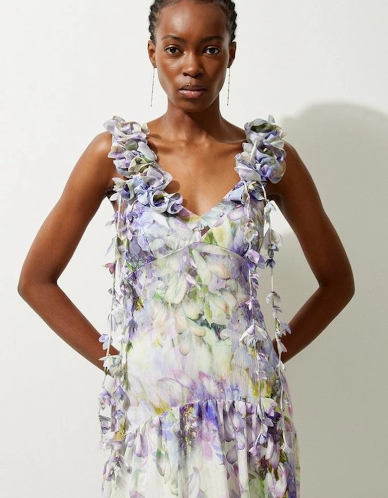 Floral Applique Woven Strappy Woven Maxi Dress