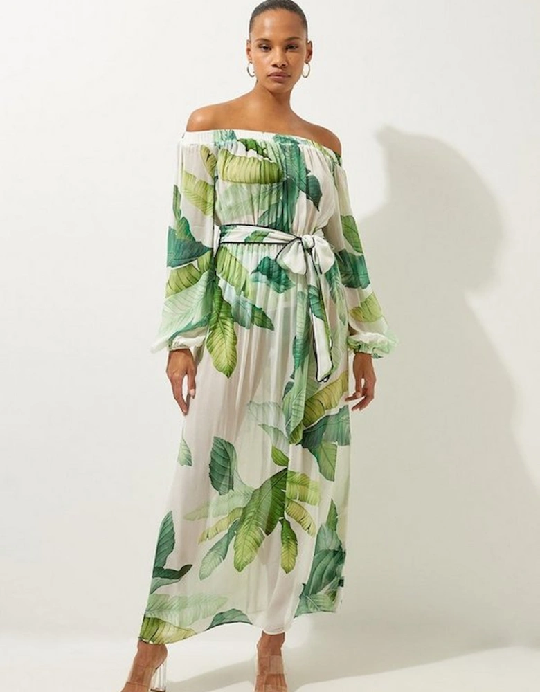Tropical Palm Print Beach Off The Shoulder Maxi Dress