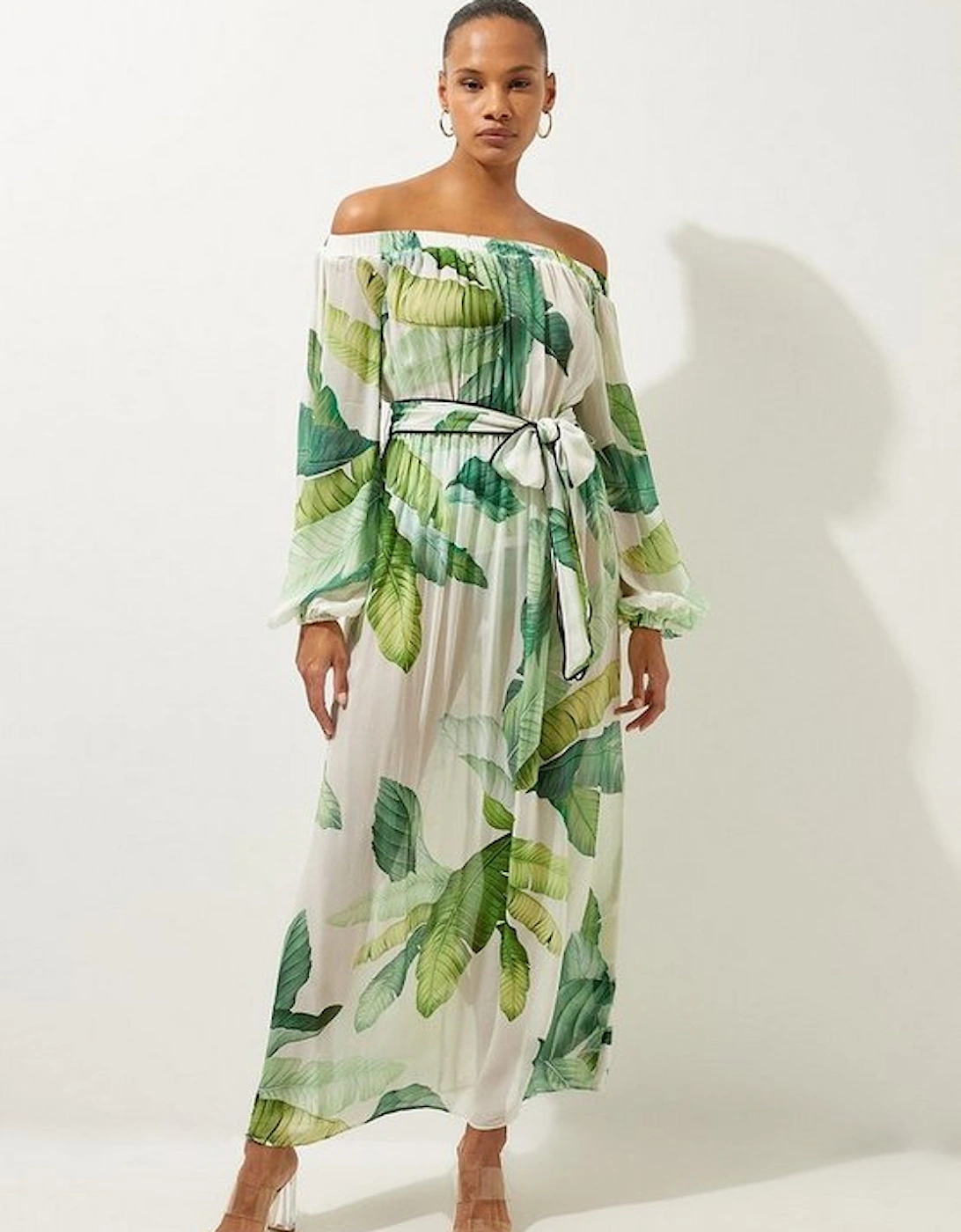 Tropical Palm Print Beach Off The Shoulder Maxi Dress, 5 of 4