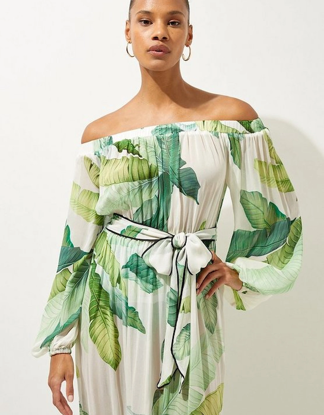 Tropical Palm Print Beach Off The Shoulder Maxi Dress