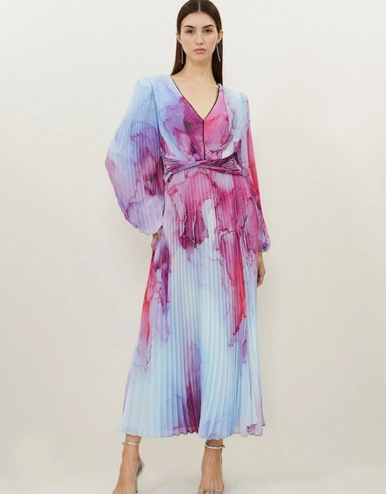 Marble Printed Soft Pleated Woven Maxi Dress