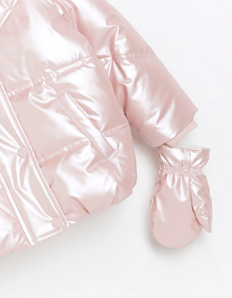Mini Girl Hooded Puffer Mitten Coat - Pink