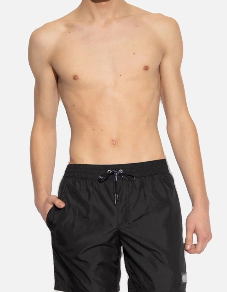 Silver Plaque Plate Drawstring Swimshorts in Black