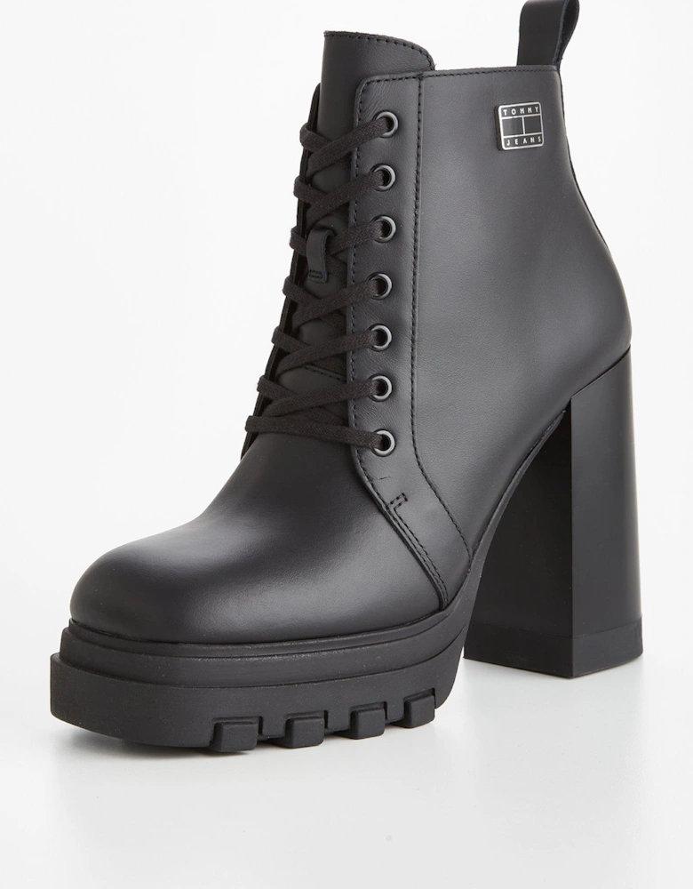 Leather Lace Up Heel Boot - Black