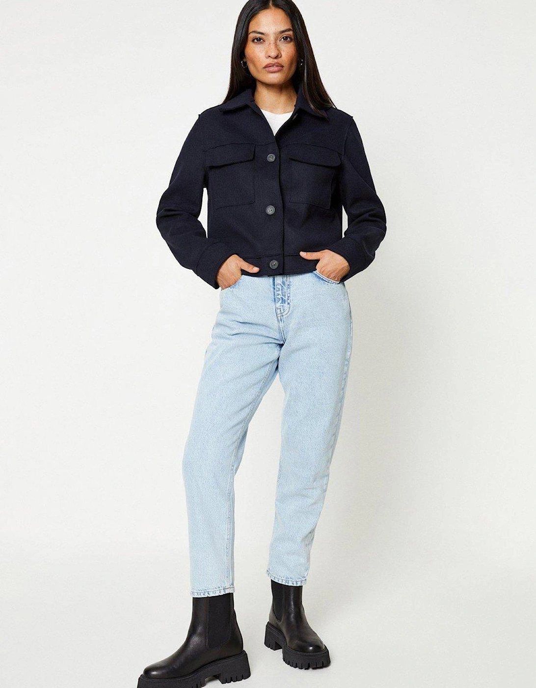 Wool Look Cropped Jacket - Navy