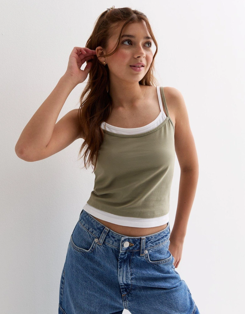 Girls Khaki And White 2-in-1 Vest Top