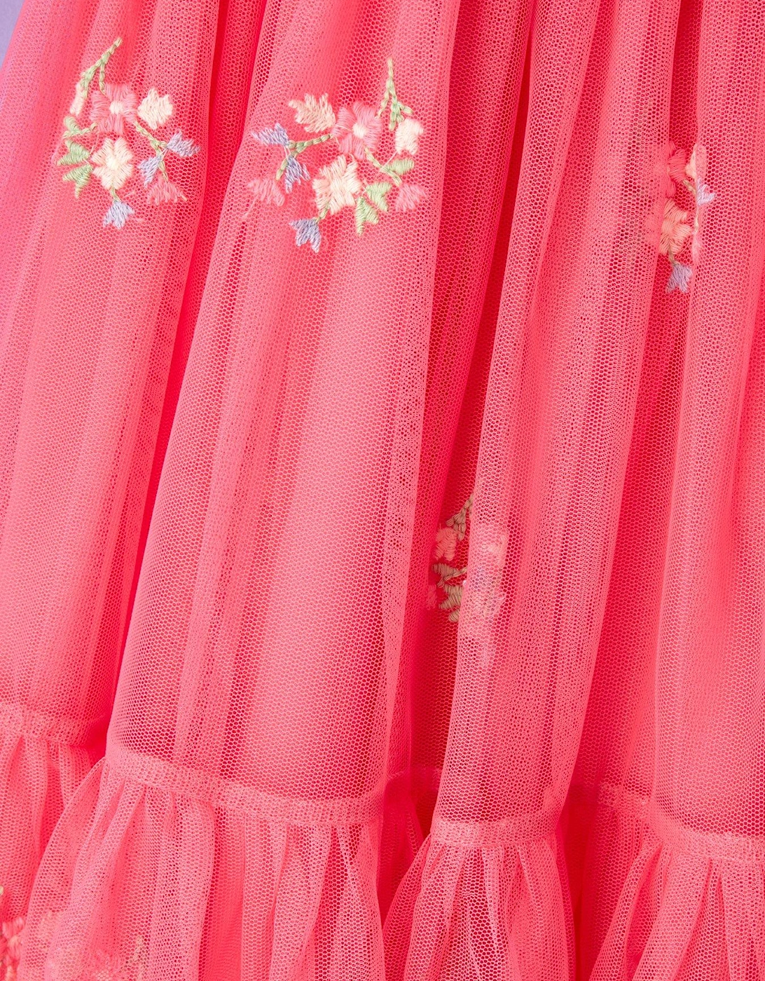 Pink Emb Mesh Tiered Dress