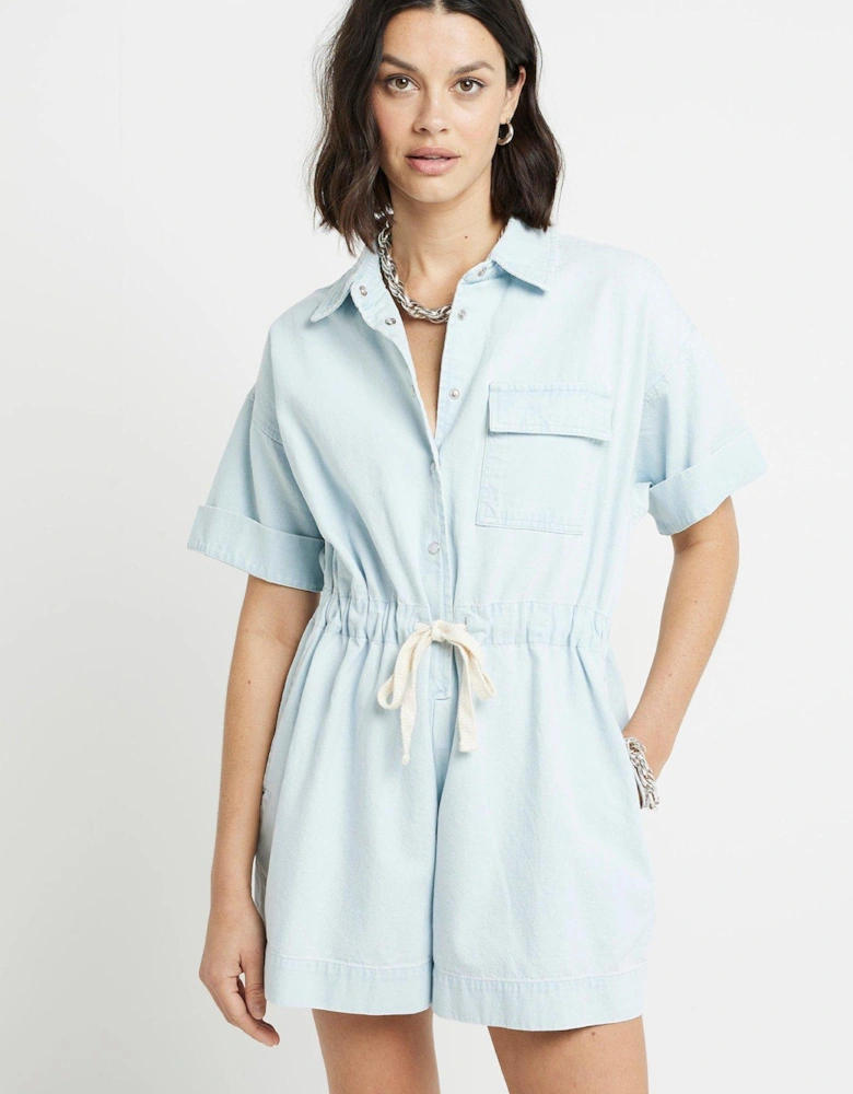 Tie Waist Denim Romper - Blue