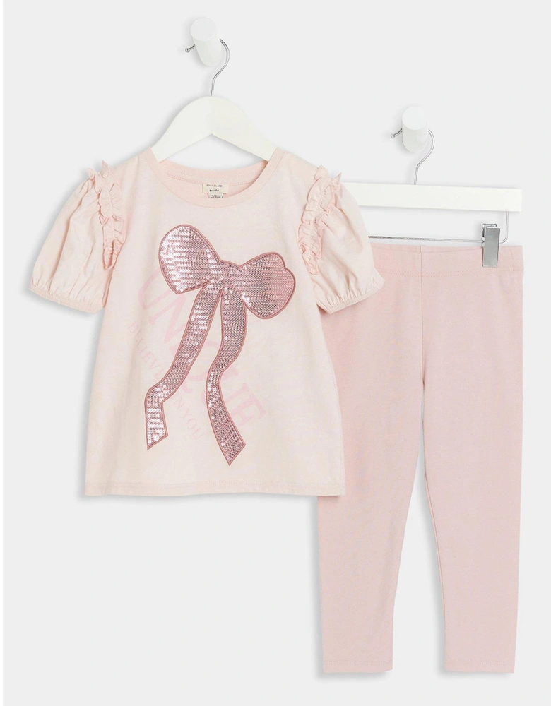 Mini Girls Sequin Bow T-shirt Set - Pink