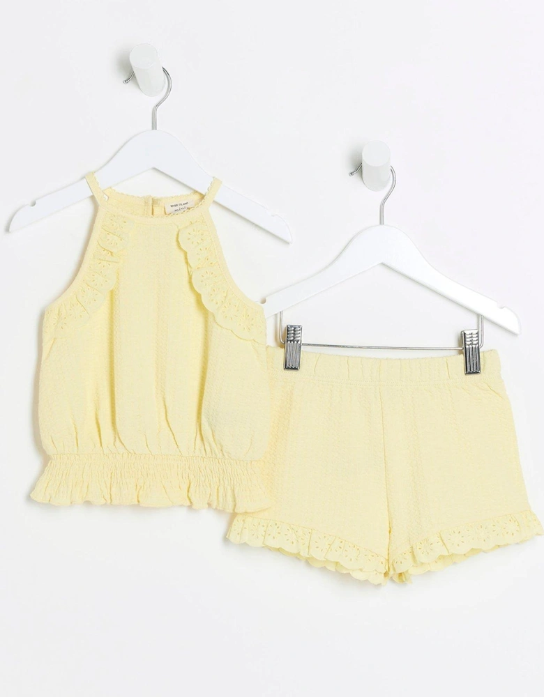 Mini Girls Broderie Top And Shorts Set - Yellow