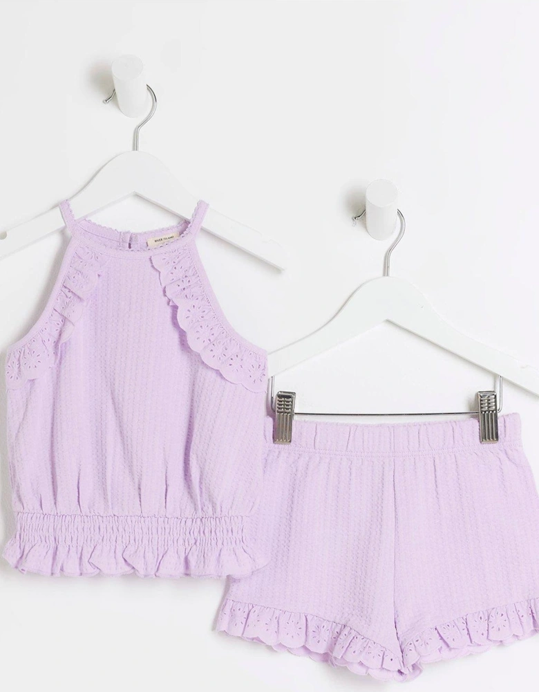 Mini Girls Broderie Top And Shorts Set - Purple