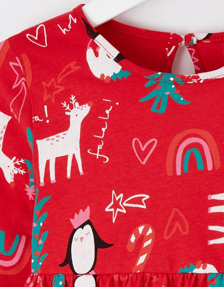 Girls Reindeer Christmas Dress - Red
