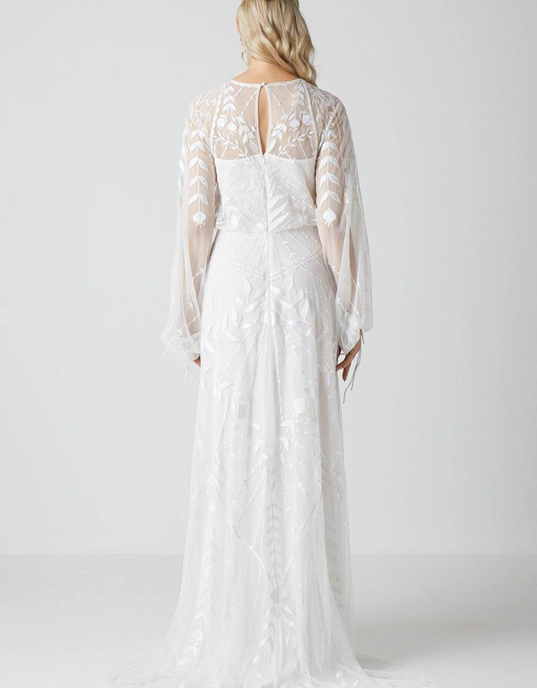 Boho Embroidered Blouson Sleeve Wedding Dress