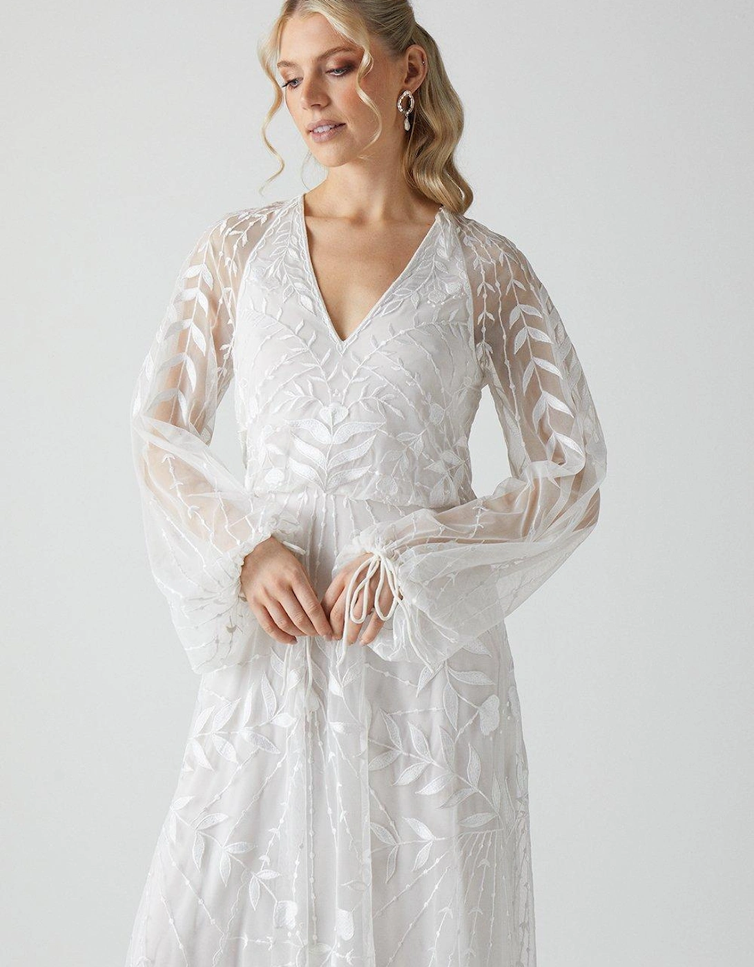 Boho Embroidered Blouson Sleeve Wedding Dress