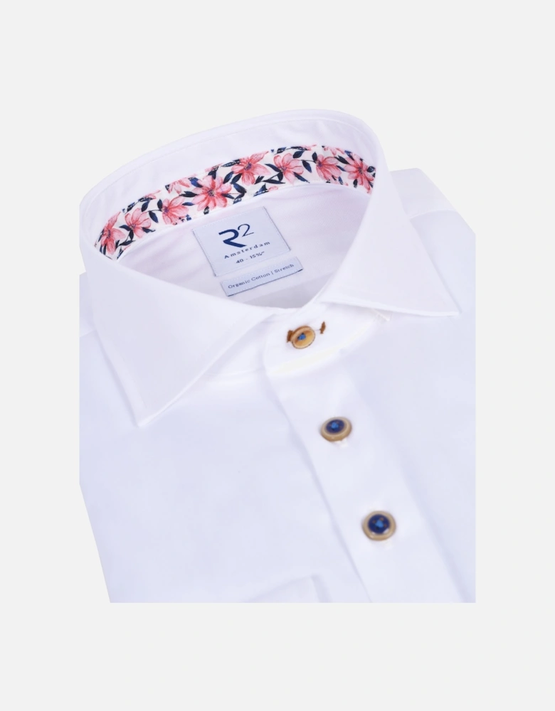 Wide Spread Collar Long Sleeved Shirt White Flower Contrast