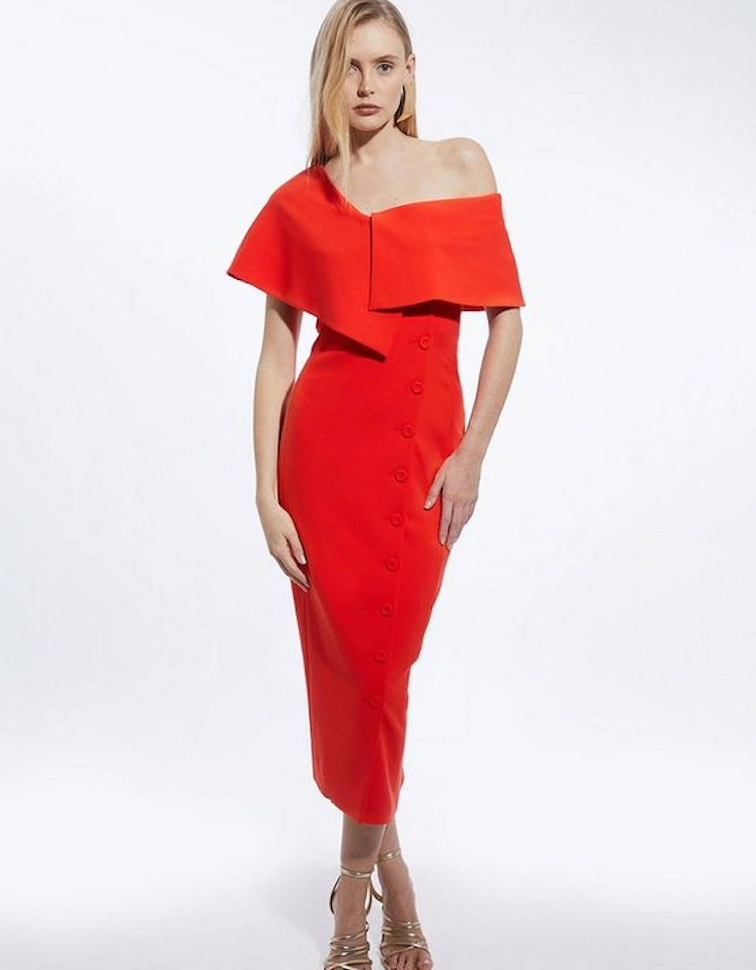 Compact Stretch Off Shoulder Button Through Tailored Midaxi Pencil Dress, 4 of 3