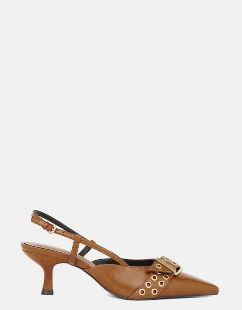 Leather Double Buckle Detail Slingback Heeled Mules