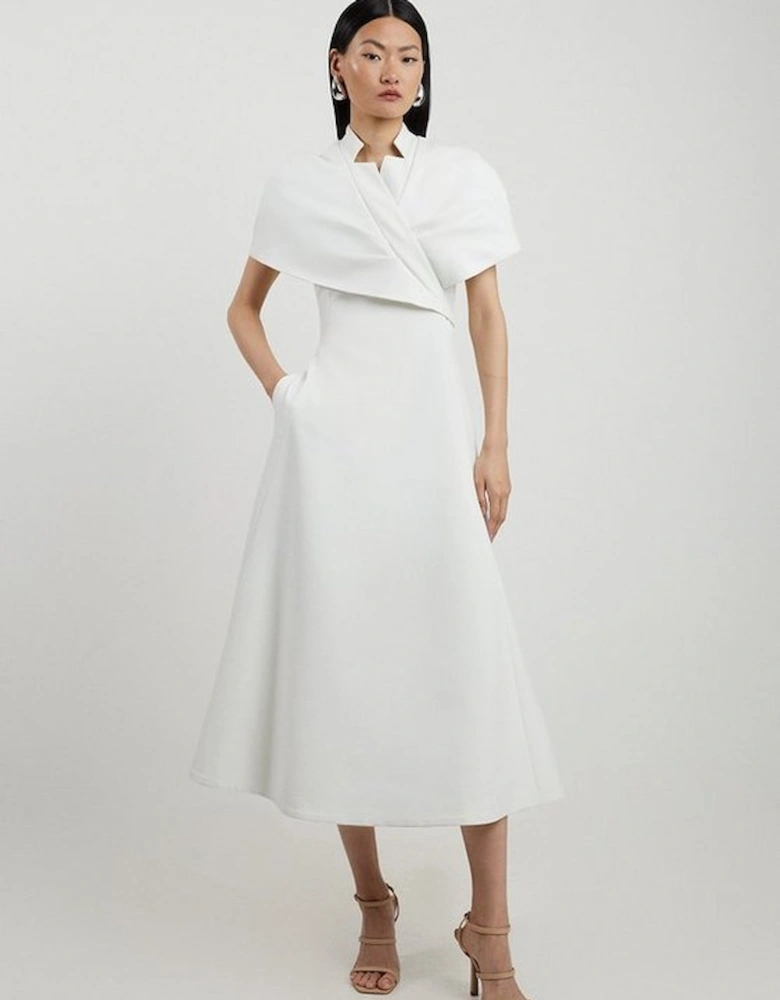 Structured Crepe Cape Detail Full Skirted Tailored Midi Dress