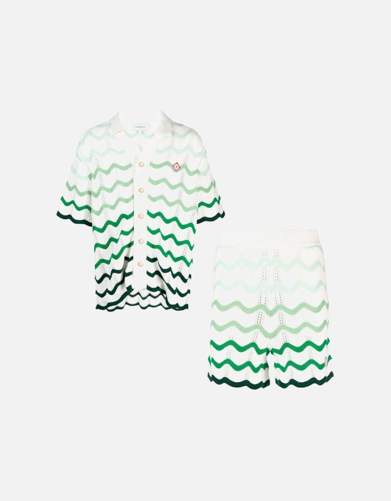 Gradient Wave Crochet Texture Shirt & Shorts Set in White/Green