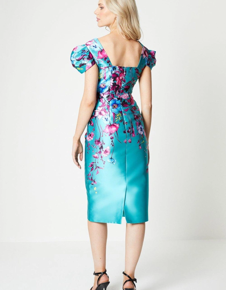 Printed Twill Pencil Dress With Puff Sleeve