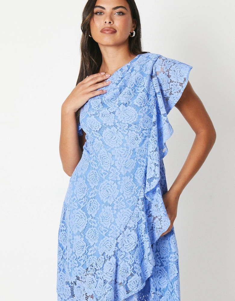 Ruffle Detail Frill Shoulder Lace Midi Dress