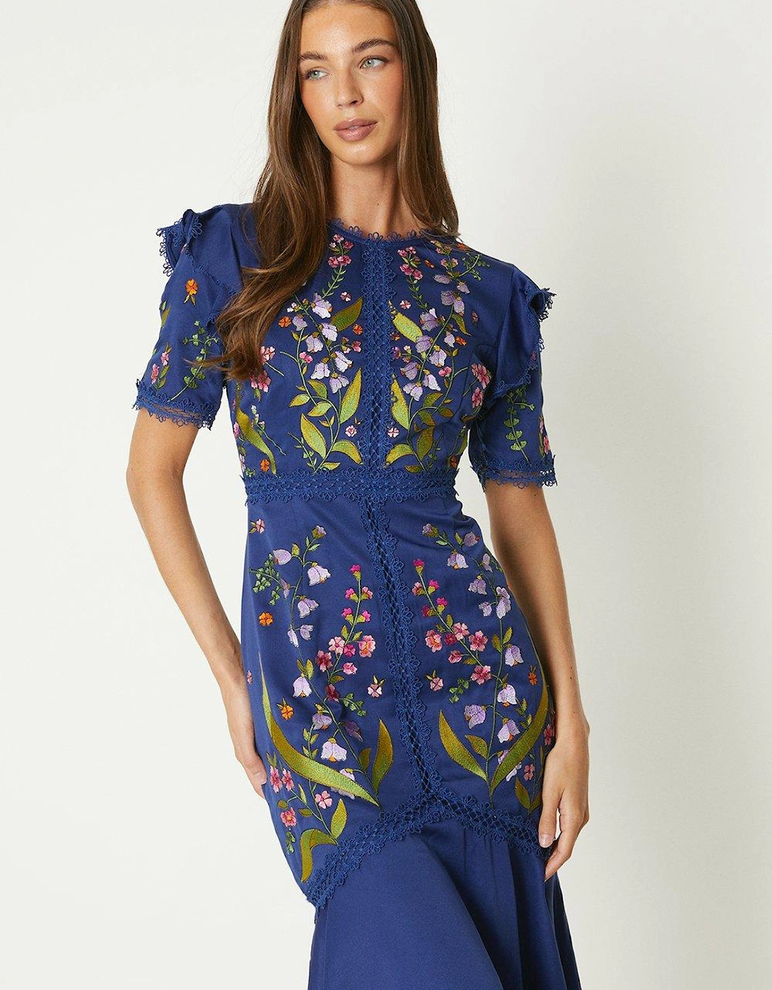 Embroidered Flute Hem Midi Dress With Lace Trim