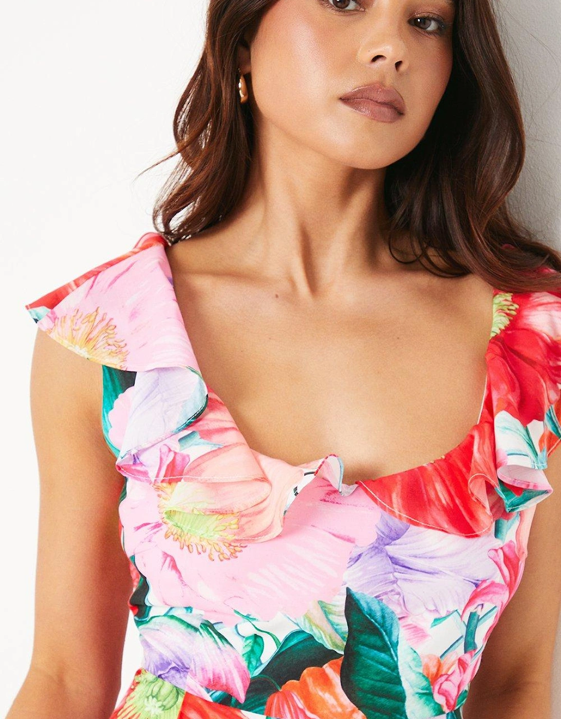 Petite Ruffle Shoulder Midi Dress In Floral Print