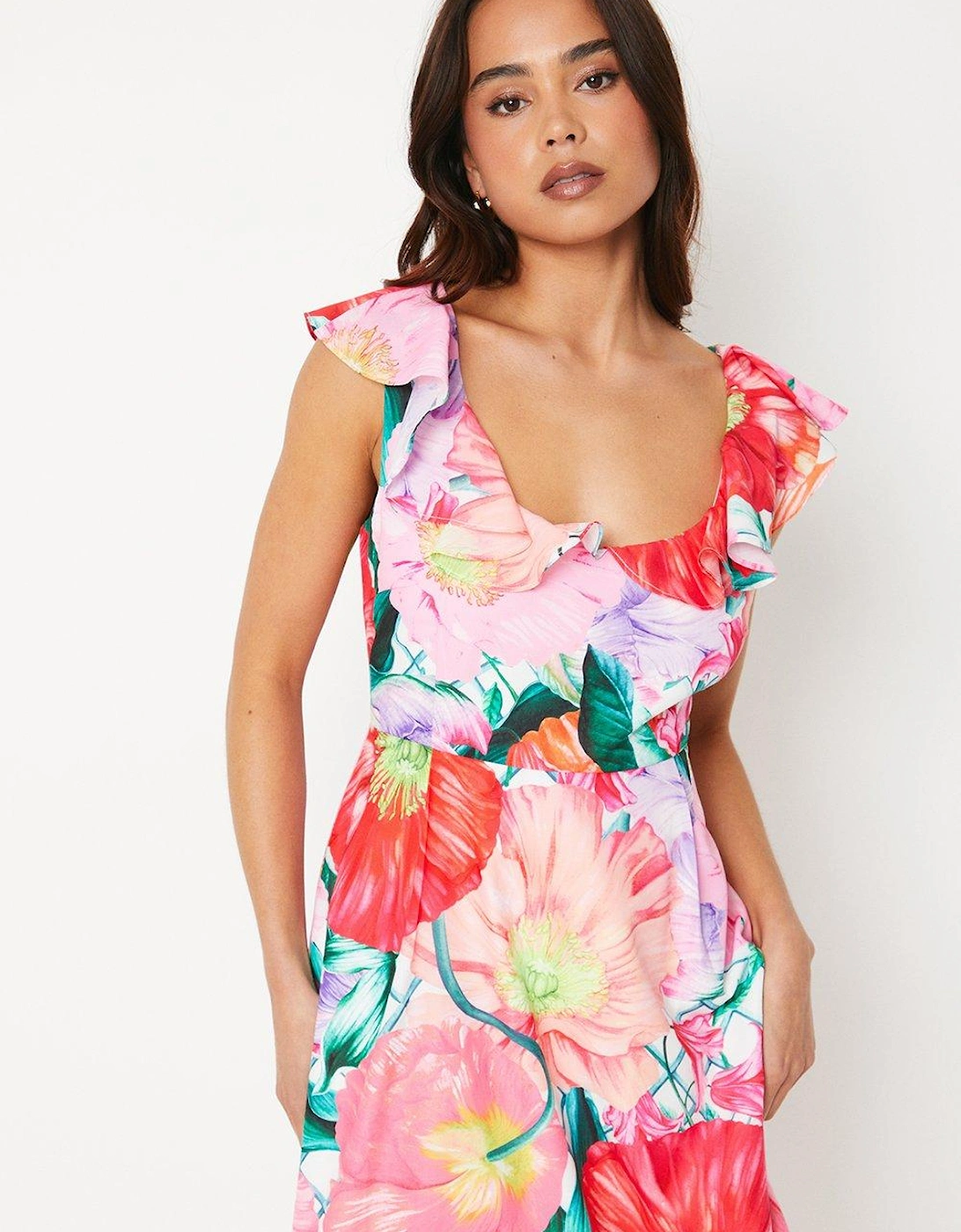Petite Ruffle Shoulder Midi Dress In Floral Print