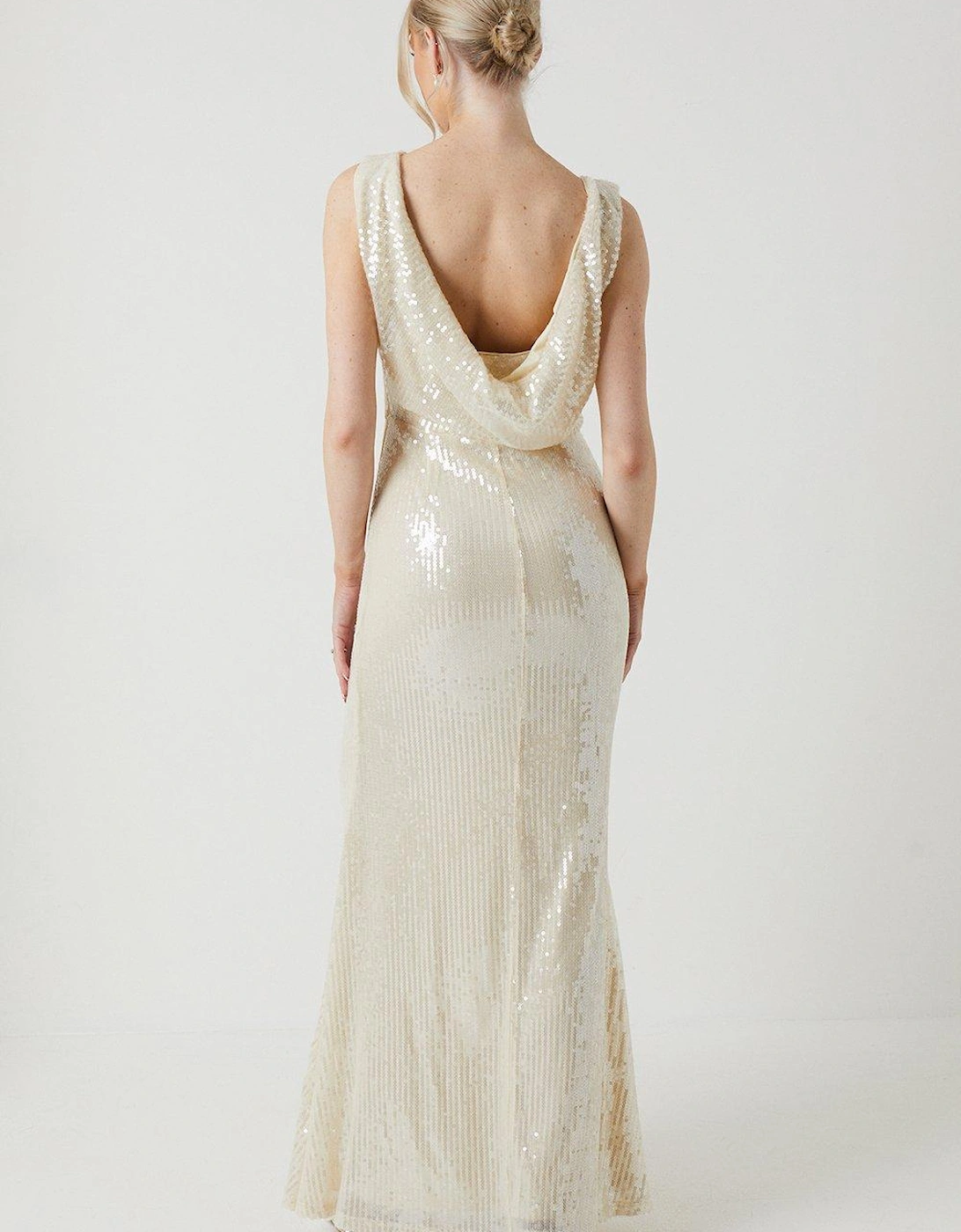 Sequin Cowl Back Wedding Dress