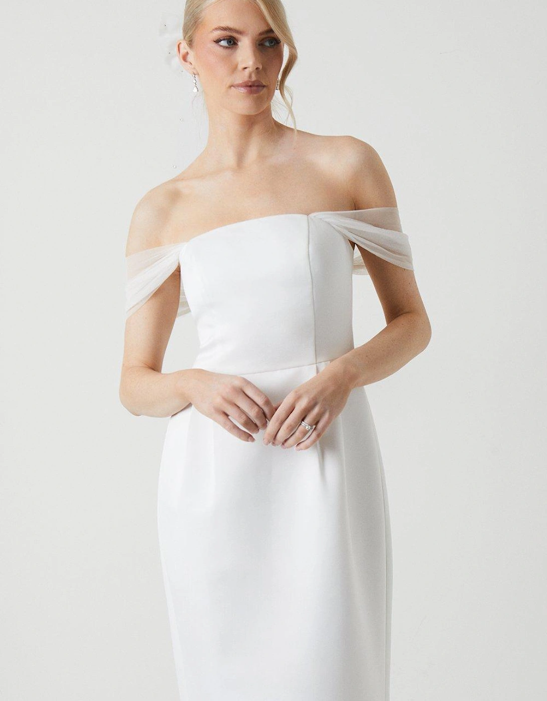 Bardot Tulle Sleeve Column Maxi Wedding Dress