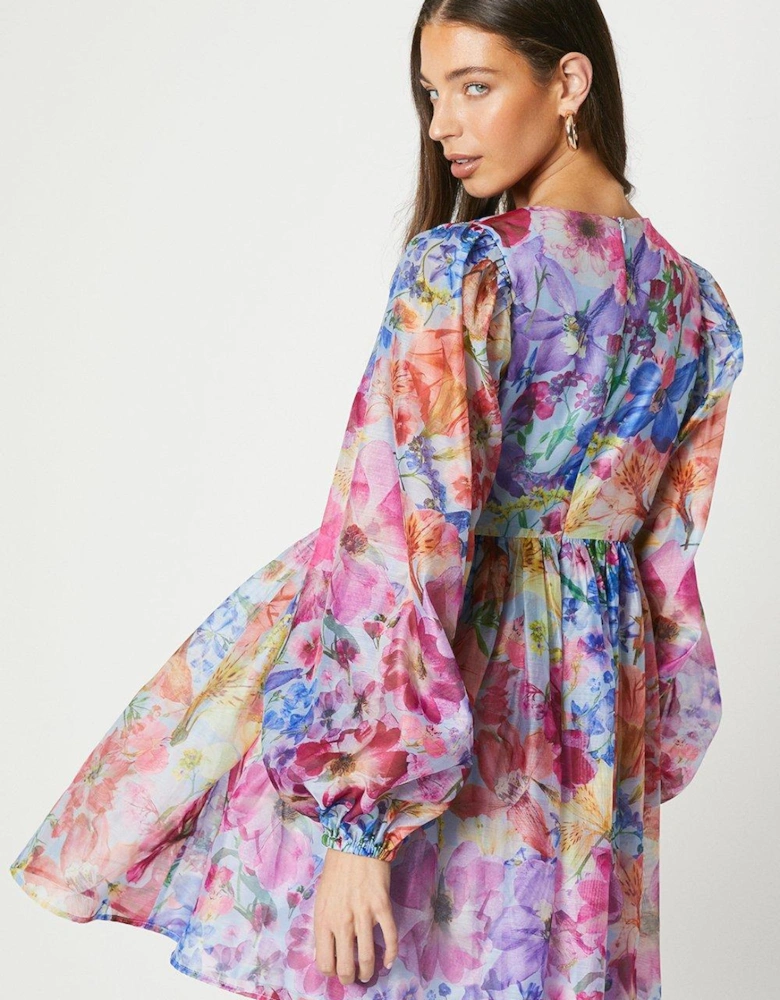 Floral Print Long Sleeve Organza Mini Dress
