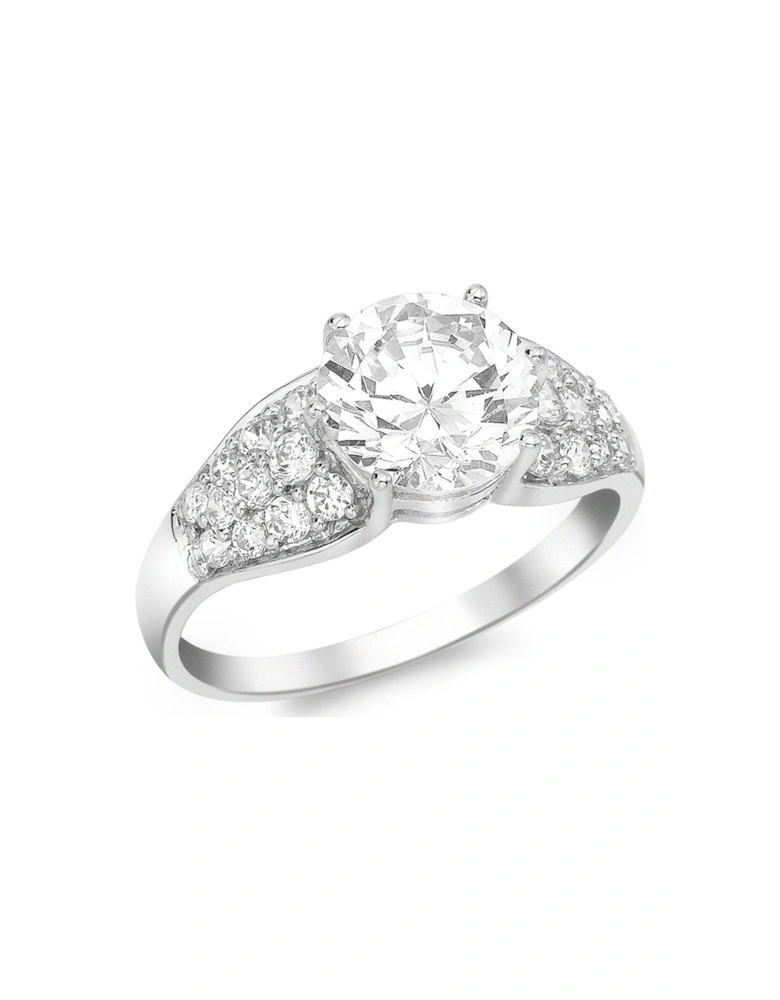 9ct White Gold 8mm CZ Solitaire and CZ Pave Set Ring