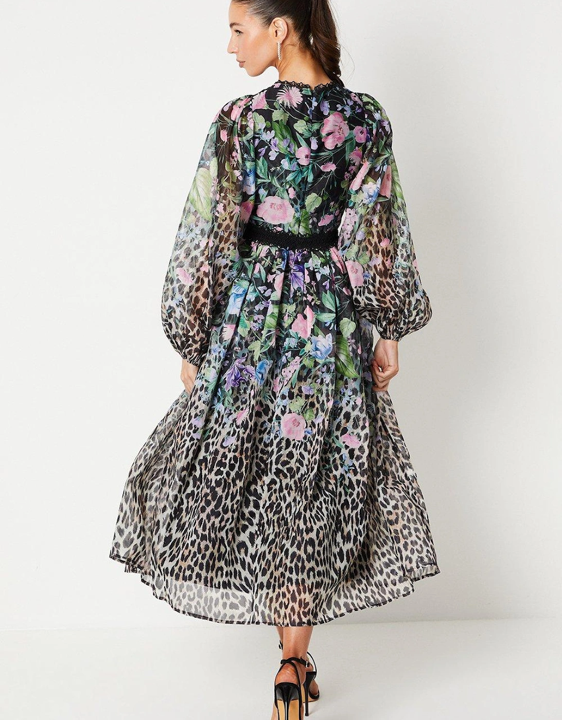 Printed Organza Blouson Sleeve Midi Dress