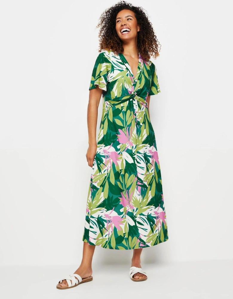 Tropical Print Jersey Twist Front Midi Dress - Green