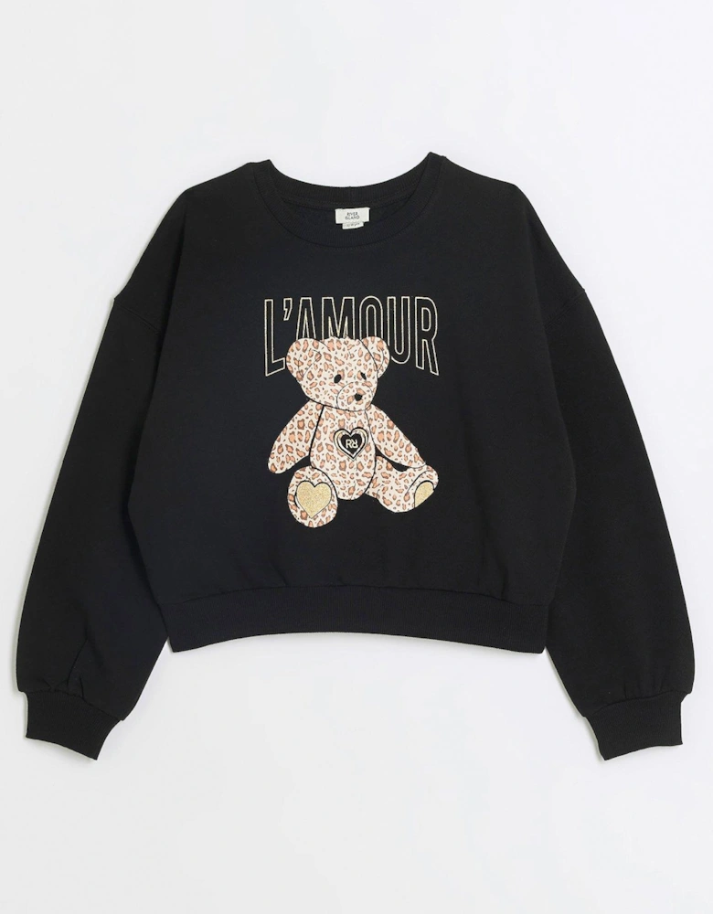 Girls Leopard Print Bear Sweatshirt - Black