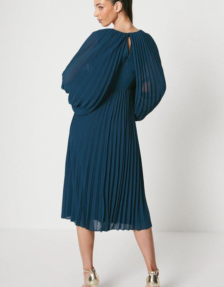 Pleated Georgette Dress With Oversized Sleeve
